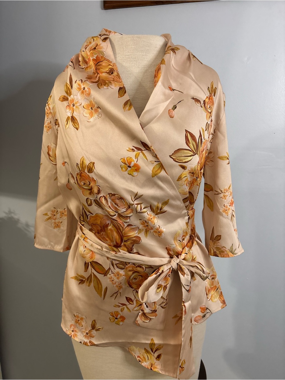 Mango Cream Satin Floral Wrap Robe Top with Gold-Tone Flowers